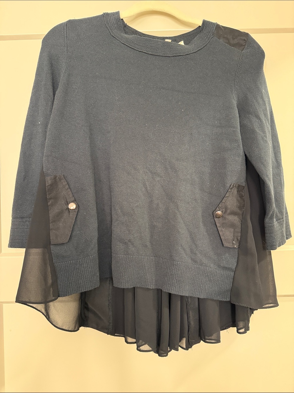 Moth Navy Layered Knit Crewneck Sweater with Sheer Hem